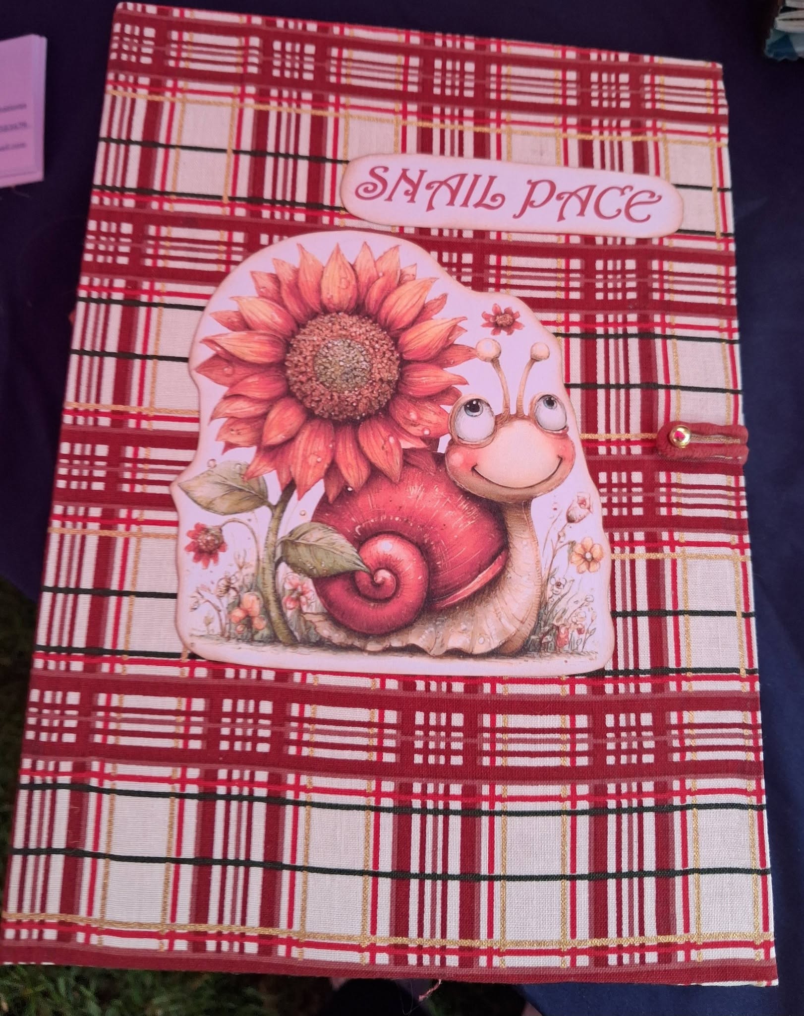 738991042_27052388747790771_5289529878185538442_n | Busy Bees Patchwork Decorative card showing a sunflower and a smiling snail on a red plaid background, with the text 'SHAIL PACE' at the top.