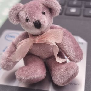 Pink plush teddy bear with a satin bow, sitting on a laptop keyboard in the background.
