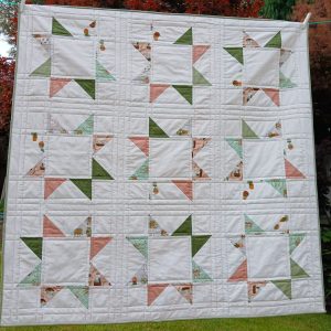 A quilt with large color-block triangles hangs on a clothesline in a sunny backyard.