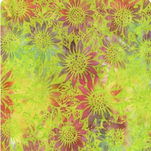Colorful printed fabric with lime green and yellow flowers on a pink and purple background
