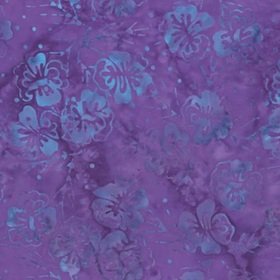 Purple fabric with a blue hibiscus floral pattern on a purple background.