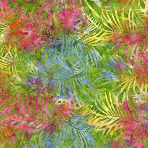 Colorful watercolor pattern of overlapping tropical palm leaves in pink, green, blue, and yellow tones.
